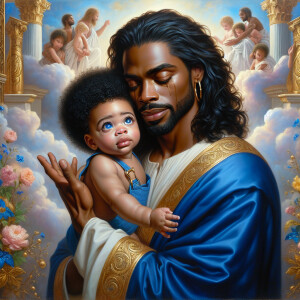 Classical oil painting style depicting an African-American Jesus...