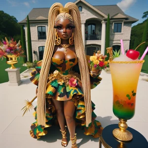 drone top view life size Jamacian curvy  woman brown eyes, holdi...