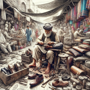 Create a vivid sketch of an elderly shoemaker working in a livel...