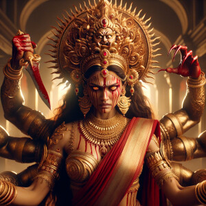 portrait of angry looking goddess durga  carrying a weak mahishasur in her two arms and stabbing him with her amazingly long red fingernails. She is wearing gold armor, a huge gold crown, gold saree, abundant  gold jewelry, covered in blood. The scene is set in ancient India. The image is 8K resolution, cinematic, ultra detailed face and epic.