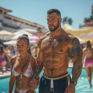 Realistic art 1:1 ,a pool party new york summer resort,a muscula...