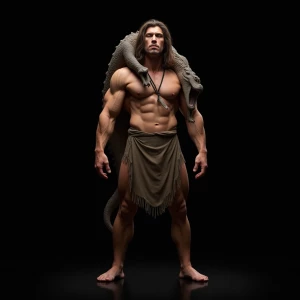 A strong, muscular Tarzan with shoulder-length wild hair, wearin...