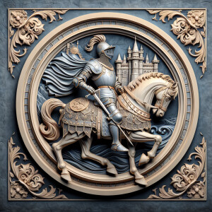 3d bas relief of a knight on a horse in front of a castle, round...