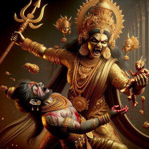 portrait of angry looking goddess durga slaying a weak mahishasur by carrying him in her arms and stabbing him with her amazingly designed trident. She is wearing gold armor, a huge gold crown, gold saree, abundant  gold jewelry, covered in blood. The scene is set in ancient India. The image is 8K resolution, cinematic, ultra detailed face and epic.