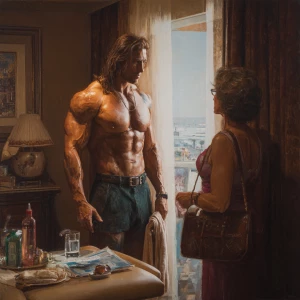 Hyperrealism painting, a muscular Russian man in his beach hotel...