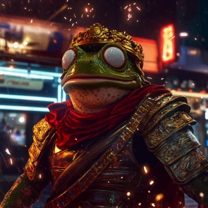 Pepe the Frog dressed as an ancient Roman emperor, wearing a gol...
