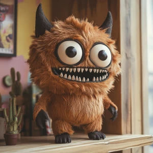 A mischievous-looking designer toy creature with a tall head cov...