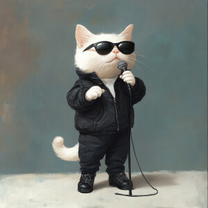a white cat wearing black glasses wearing a black jacket wearing...