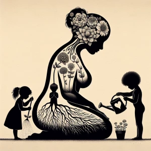 Create an image depicting the silhouette of a curvy woman seated...