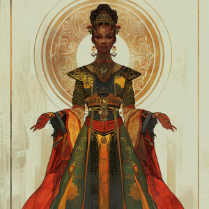 Illustrate a full body regal Empress reflecting a blend of Afr...