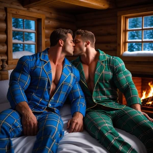 "Depict two muscular men kissing wearing plaid pajamas, one in b...