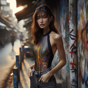 Athletic Thin skinny Attractive, Asian teenage girl, long brown hair and bangs, wearing tight skinny jeans and a halter top paint marks on her clothing, heroic pose Asian graffiti background, backside view