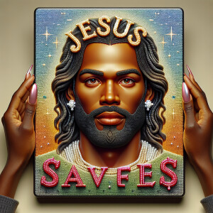 A 3D realistic artwork featuring the phrase 'Jesus Saves' adorne...