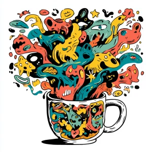 overflowing coffee cup with chaotic swirling steam transforming...