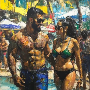 oil painting,a muscular beefy sweaty man  walking with his 50 ye...