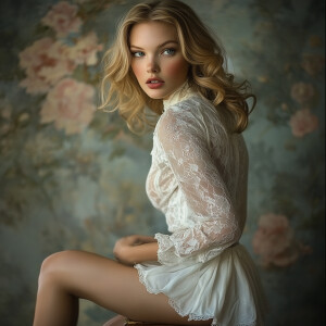 A stunning blonde woman in her 30s with wavy, light ash-brown ha...