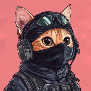 A wide-eyed ginger cat wearing a black tactical balaclava (or ma...