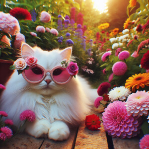 A white cat with pink glasses surrounded by flowers
