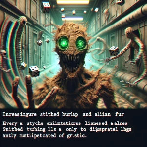 Create an animated scene where the Oogiewocky, a stitched burlap...