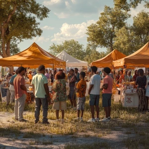 Panoramic outdoor scene featuring a group of black community and church leaders along with boys and girls, standing in clusters of three to five. Individuals are positioned near three tents and three booths, with the image captured in high-definition 8k resolution, showcasing crisp details and realistic lighting.