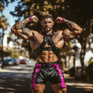 In this image, a muscular man is posing on an outdoor street, fl...