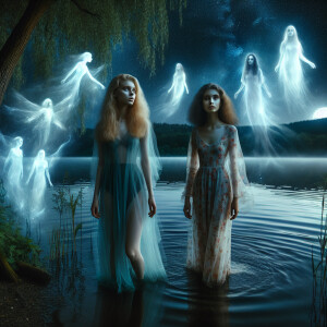 Two girls are standing by the lake at night and souls are flying...