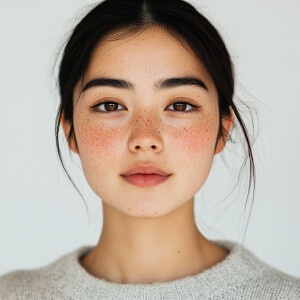 Create an image of a 21-year-old Japanese-American woman boastin...