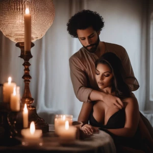 Describe us as a sensual couple in a warm, candlelit room, surro...