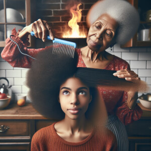 Create a realistic 3-D image of an african-American grandmother in the kitchen with her african-American granddaughter. The grandmother has a hot comb in her hair and she is straightening her granddaughters hair. One side of her granddaughters hair is in  a Afro the other is bone straight 
There is smoke coming from the hot comb