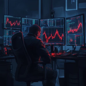 a sad Wojak character sitting in front of multiple monitors with...