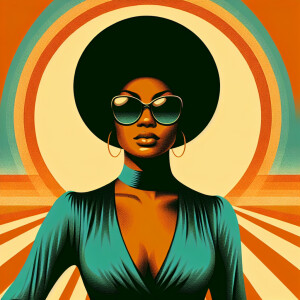 A retro 1972 illustration of an African American woman with sung...