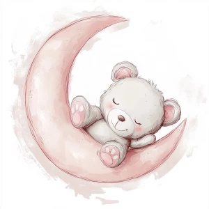 A cute, cartoon teddybear lies on a stylized, rosy-pink crescent moon. The teaddy bear is light gray with large, round, pink-spotted ears.  Its body is round and he has expressive eyes.  its facial expression is happy and friendly. The teddy bears leg and foot are visible, and its posture is relaxed, slumped in the curve of the moon. it's stomach is lying down on the moon with left arm and leg showing hanging down. The moon is a soft, shaded pink, with watercolor-like texture and subtle shading. The background is white. The image is in a child-friendly style, showcasing delicate line work and color palettes. The composition is centered on the teddy bear which is positioned on the moon, giving the moon a hug with closed eyes. The overall style is sweet, whimsical, and reminiscent of children's book illustrations.  The colors are pastel and soothing, creating a gentle atmosphere.