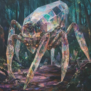 A shimmering crystal crawler, its intricate form vividly capture...