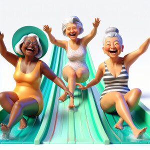 Three joyful elderly women with grey hair in swimsuits are gleef...