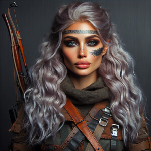 A beautiful huntress from the “Monster Hunter” series with dark...