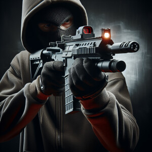 Beingwearinga mask "pointing gun effect". Ultra-detailed, ultra-...