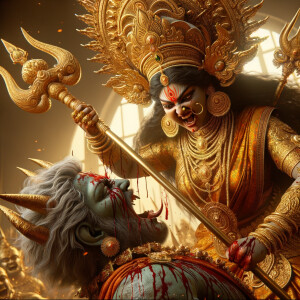 portrait of angry looking goddess durga pinning a weak mahishasur to the ground and stabbing him with her amazingly designed trident. She is wearing gold armor, a huge gold crown, gold saree, abundant  gold jewelry, covered in blood. The scene is set in ancient India. The image is 8K resolution, photography, cinematic, ultra detailed face and epic