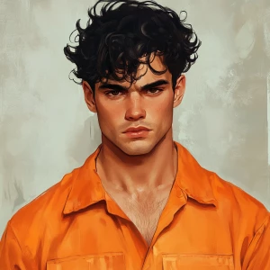 white cute young man with black curly hair, short haircut, thick...