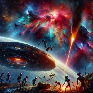 Aliens conducting an emergency repair on the hull of their space...