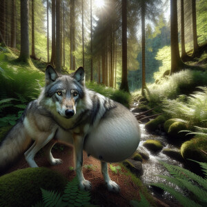 Create a realistic description of a wolf in the wild who is preg...