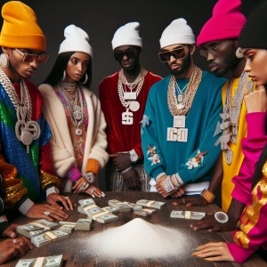 Guys dressed in hip-hop clothing and jewelry standing around a t...