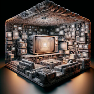 Television made out of cable wires, setting inside a living room...