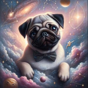 "A portrait of an adorable pug floating in a cosmic setting. The...