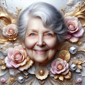 A horizontal portrait of a thi, smiling heavier curvy
set 80-ye...