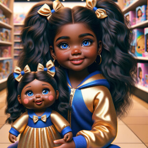 Create a 3-D image of an african-American little girl inside of a medium size, toy store. The little girl has thick long, ponytails and huge blue eyes. She has on a gold and blue jumpsuit with matching bows, She is playing with her favorite african-American cabbage patch doll, the doll has deep, dimples, and freckles and looks just like her