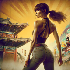 Athletic Thin skinny Attractive, Asian teenage girl, long brown hair and bangs, wearing tight skinny jeans and a halter top paint marks on her clothing, heroic pose Asian graffiti background, backside view