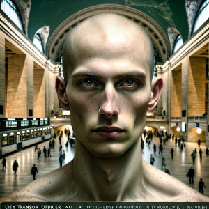 city transit officer balding aged 27,youthful  still,is captured...