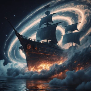 Dramatic splash art. A gothic warship transforms into a swirling...