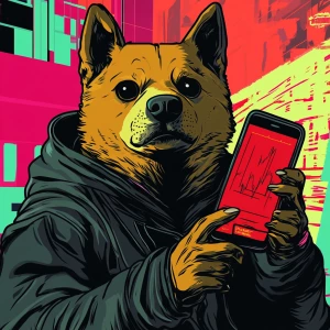 DOGE MEME with sunken eyes and hoodie, blank stare, holding a ph...