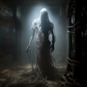 A spectral draugr, its ethereal form shrouded in misty veils, lu...